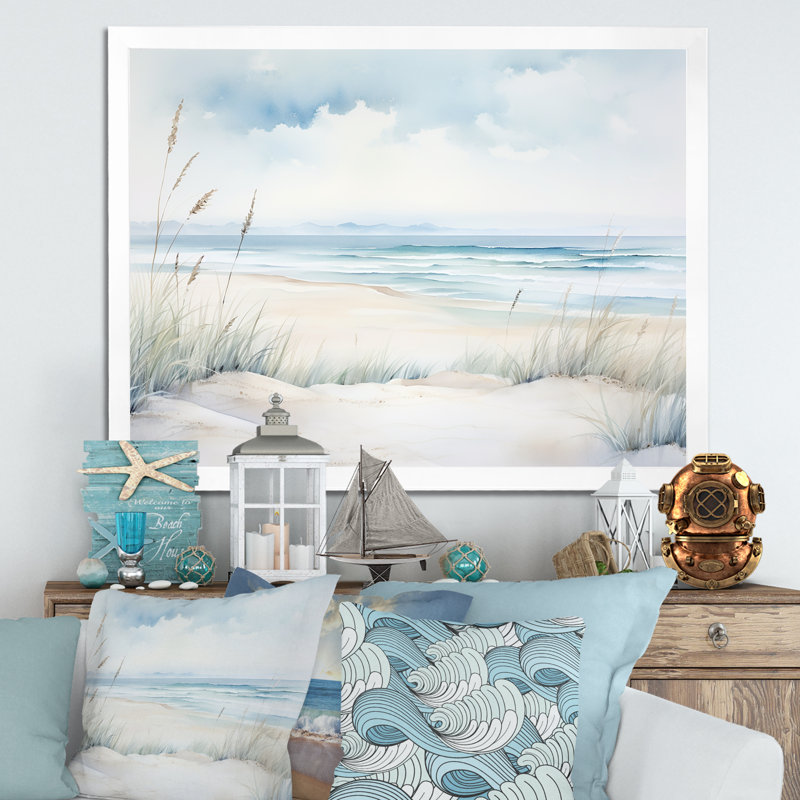 «Soft Color Beach Horizon III - Coastal Minimalisme», art mural, H 24 po x l 32 po x P 1 po, Cadre simple blanc