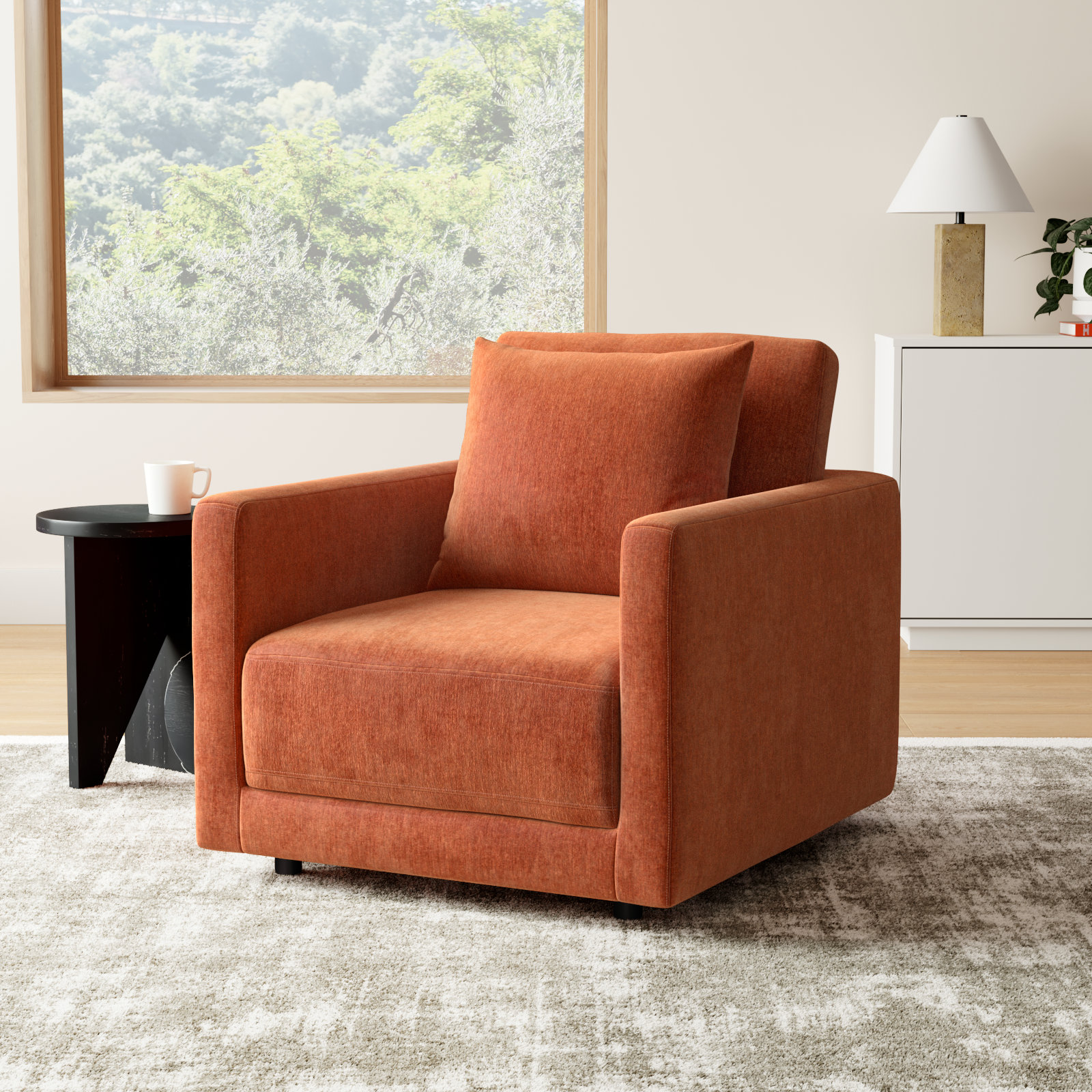 Kenji Upholstered Armchair, Rust Performance Chenille
