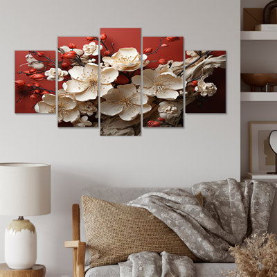 Orchidée blanche et rouge, branches d'art florales V - Abstrait floral à multiples panneaux muraux