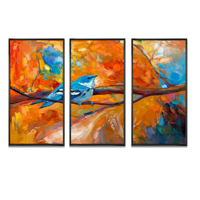 «Blue Cerulean Warbler Bird on A Branch», peinture sur toile 3 pièces, Noir, H 28 po x l 36 po