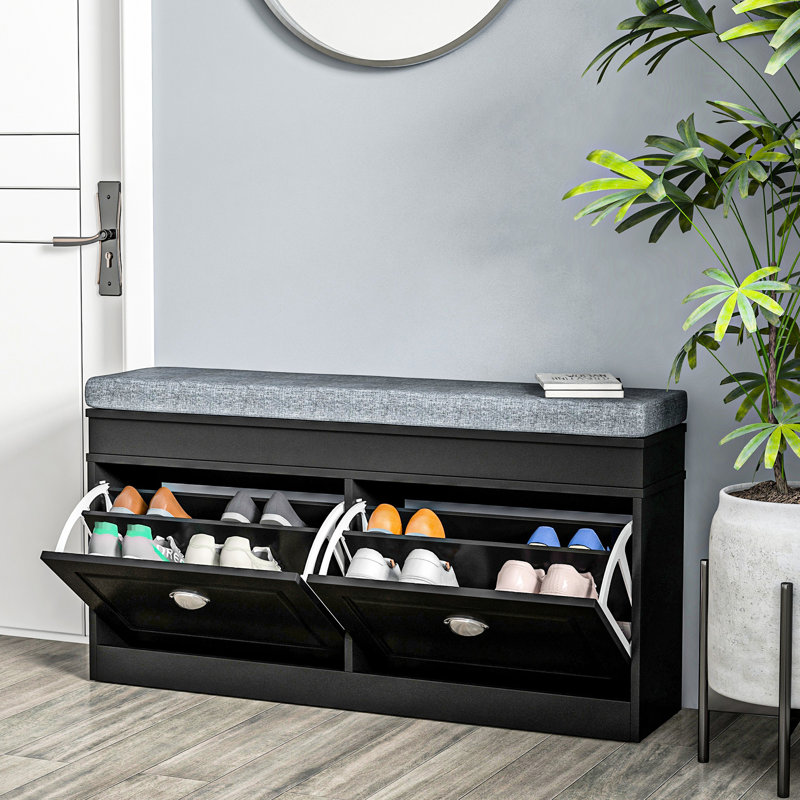 Banc à chaussures noir pour vestibule, avec coussin et 2 tiroirs, tablette réglable 8 paires, conception pratique dans des prises confortables