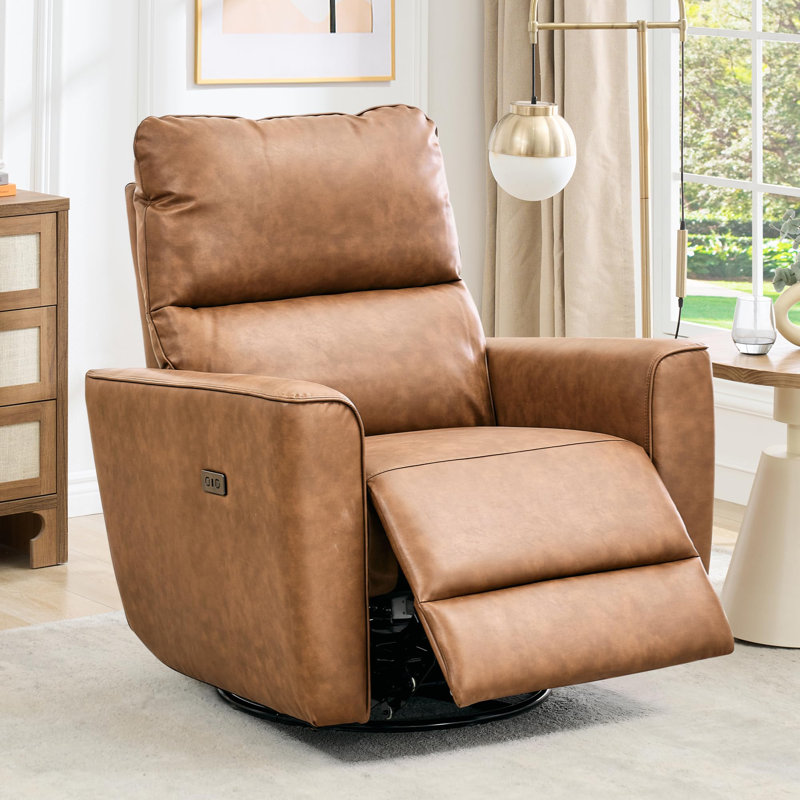 Power Recliner Chair, Swivel Nursery Rocker Reclining, Faux Leather Upholstered Sofa Chair with Charging Port, Brown