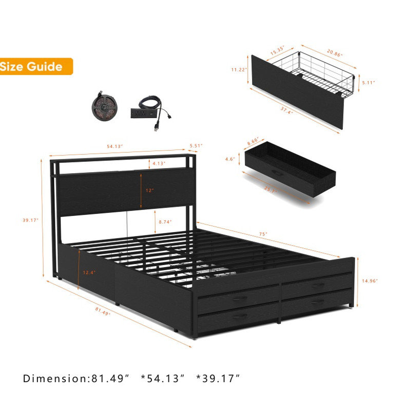 Structure de lit double avec 8 tiroirs de rangement, tête de lit à DEL avec station de charge, structure de lit plateforme en métal, aucun sommier requis, silencieux, stable et solide, noir