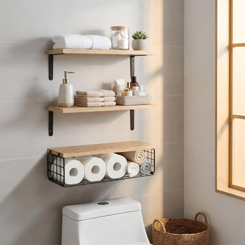 Harbour Housewares Floating Shelves with Wire Storage Basket