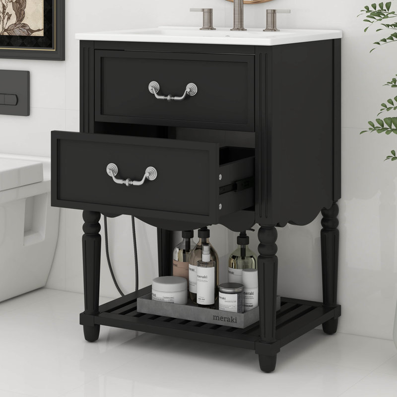 Meuble-lavabo 24 po avec lavabo, tiroirs et tablette ouverte, Noir
