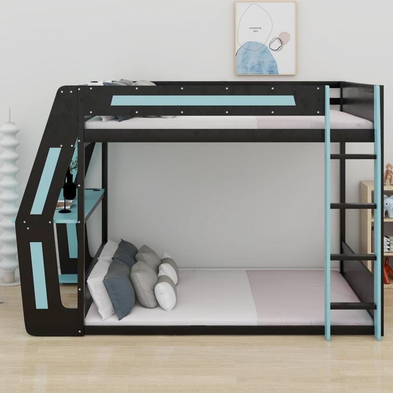 Lit superposé de jeu avec bureau RVB surdimensionné monté sur le côté, ports de charge USB et œillet à câble, bande lumineuse à DEL