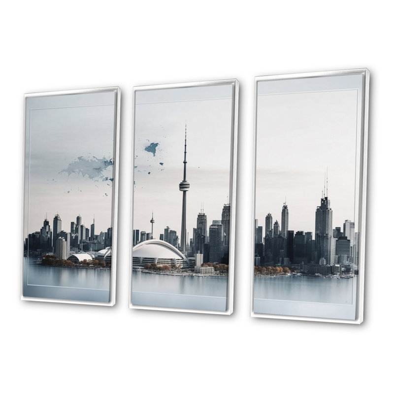 Toronto Skyline III - 3 pièces sur toile, H 28 po x l 36 po x P 1 po, Cadre flottant blanc