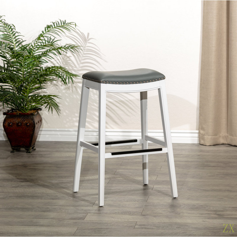 Tabouret de selle de 30 po de hauteur, finition, siège en cuir, Siège gris / cadre blanc