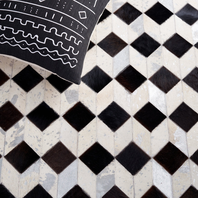 Studio Leather Hand Woven Wool/Leather/Non Woven Felt Geometric Rug in Beige/Black, Rectangle 6' x 9'