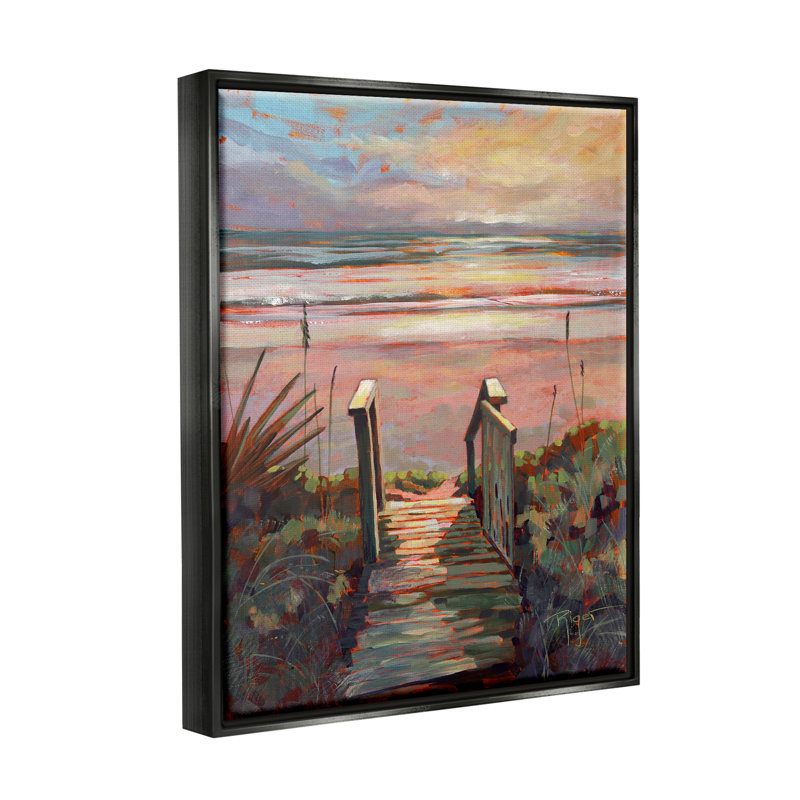 «Breakwater Bay Beach Shore Sunset Boardwalk Path» par Sue Riger, Cadre flottant noir de jais, H 21 po x l 17 po x P 1,7 po