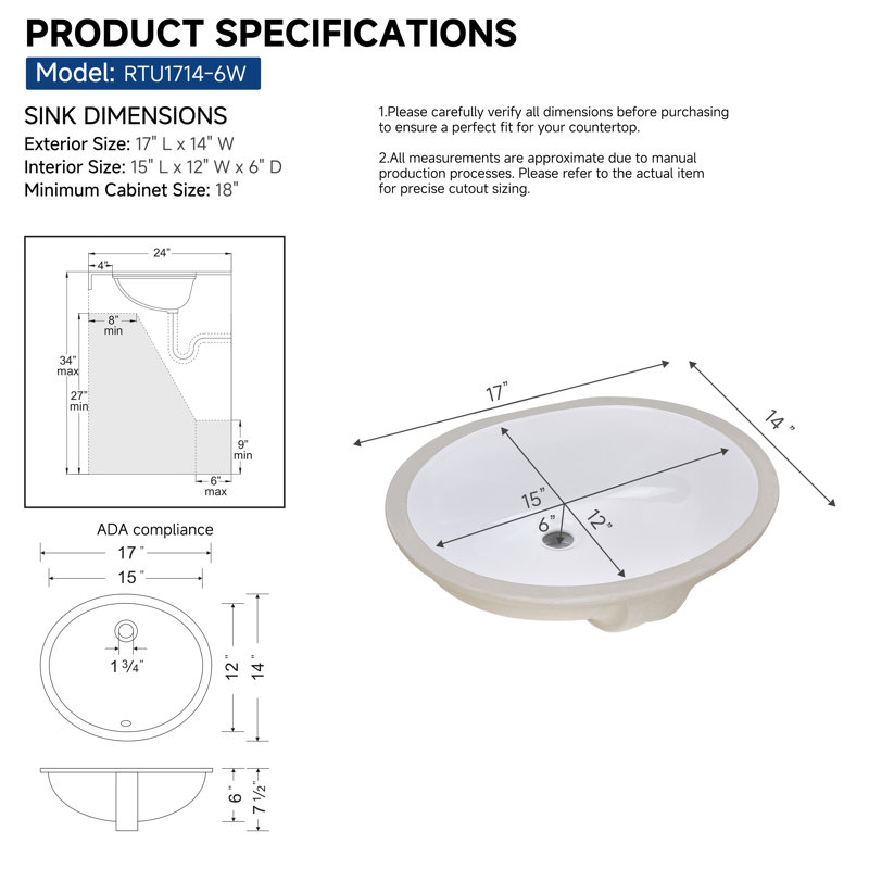 Wells Sinkware Rhythm Series 14'' Ceramic Oval Bathroom Sink with Overflow, White