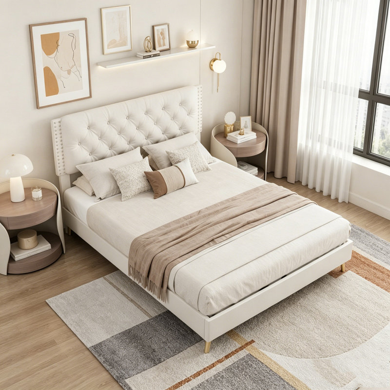 Structure de lit en velours, Lit double, Beige