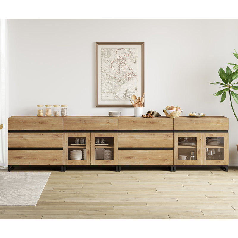 Buffet 4 en 1 multifonctionnel avec portes en verre et 8 tiroirs, crédence moderne avec tablette ajustable et base en métal, armoire de rangement pour bar et cuisine