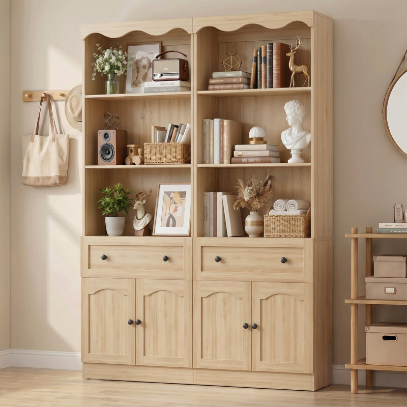 80"H x 55"W Bookcase with Adjustable Shelves, Drawer and Door, Light Oak