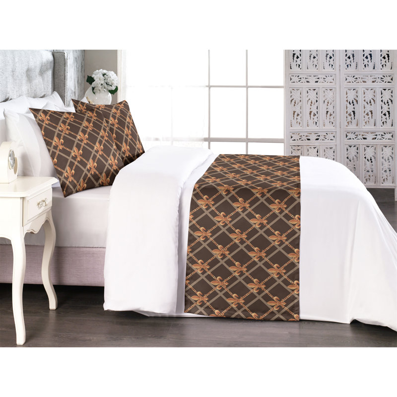 Ambesonne Fleur De Lis Bed Runner Set French Pattern Squares  Chocolate Marigold Tan, King