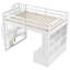 Lit mezzanine blanc avec bureau, tablettes, deux tiroirs et escalier de rangement polyvalent pleine grandeur
