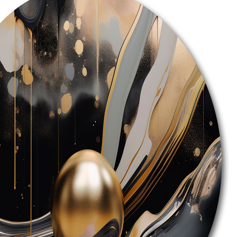 Or et marbré noir Euphoria II - marbre abstrait, art mural rond en métal, H 16 po x l 16 po x P 1 po