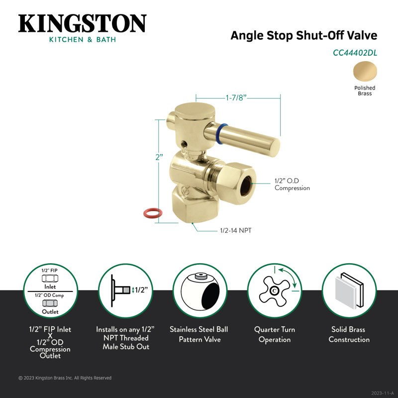 Kingston Brass Fauceture 1/2-Inch FIP x 1/2-Inch OD Comp Quarter-Turn Angle Stop Valve