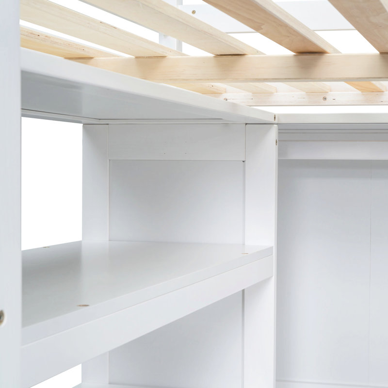 Lit mezzanine double pleine grandeur avec garde-robe, bureau et tiroirs intégrés pour améliorer le système de rangement de la chambre à coucher