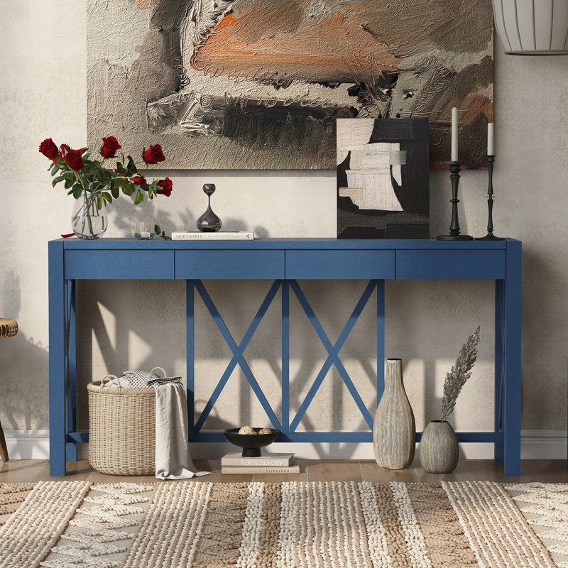 Console 60 po avec 4 tiroirs spacieux en placage d'acacia de style moderne Crisscross, Marine