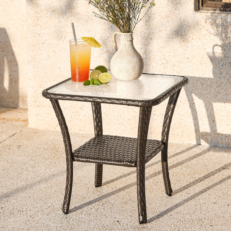 Square Wicker Rattan Side Table With Built-in Glass