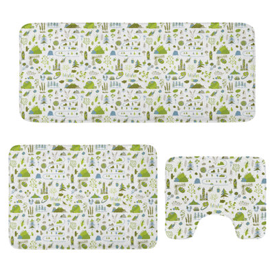  Nature Bathroom Rug Set 3 Pieces U-Shape & Rectangle Mats Lime Green and Ceil Blue