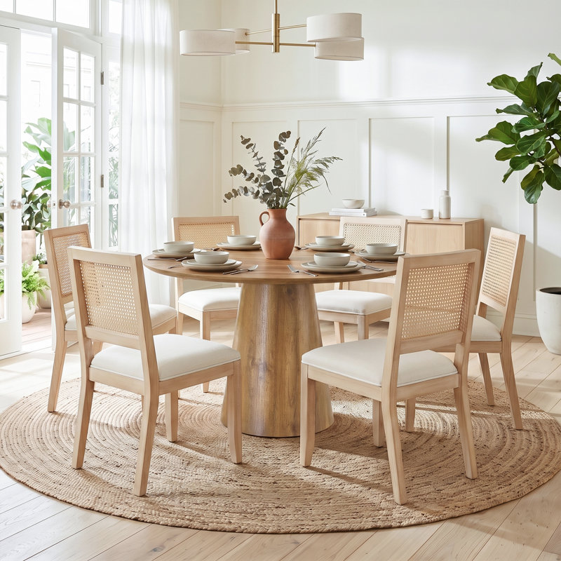 Ensemble de table et chaises de salle à manger rondes modernes de 45 pouces avec pied central et dossier en rotin rembourré