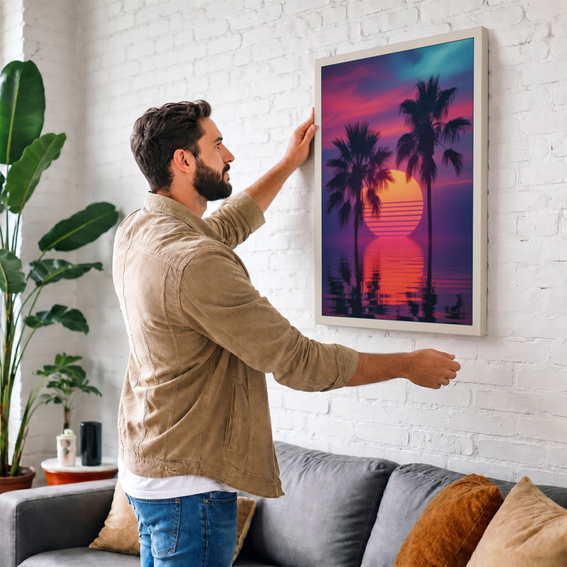 Tropical Sunset Paradise Retro - Wrapped Canvas, 18x12 - 45.7 x 30.5 cm, Terracotta Border