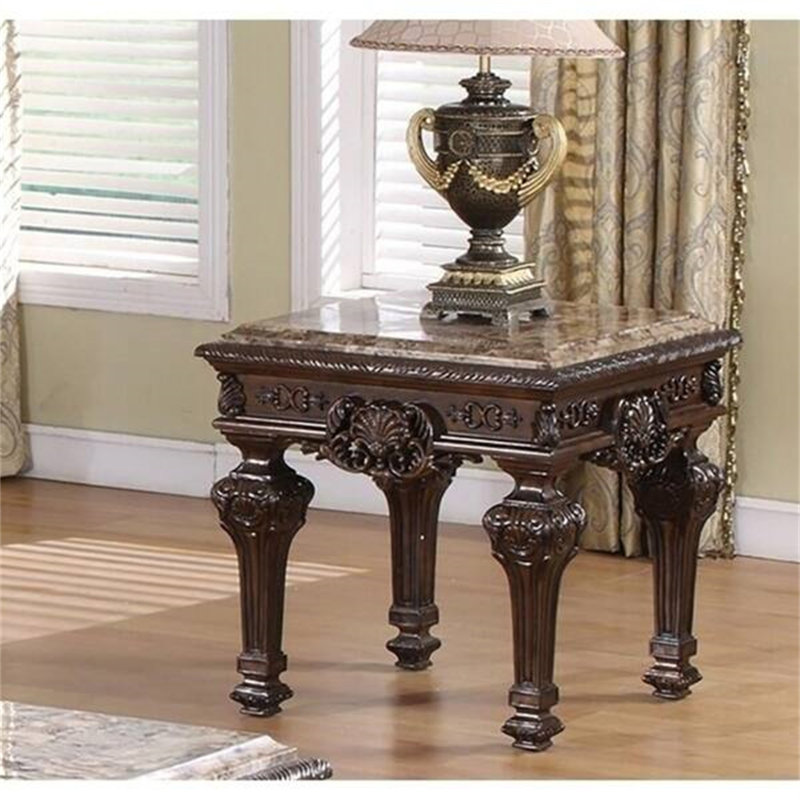 Table de bout traditionnelle en bois massif avec plateau en marbre