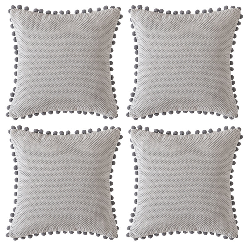  Coussin Pom-Poms, Housse de coussin seulement - sans coussin, Gris clair, 18 po x 18 po