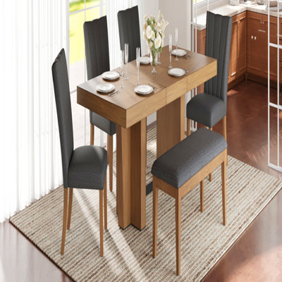 Farmhouse 78.1inch Extendable Wood dining table Set for 6, kitchen table Set with Bench and 4 Upholstered Chairs,3.8inch Thick Tabletop and Trestle Le