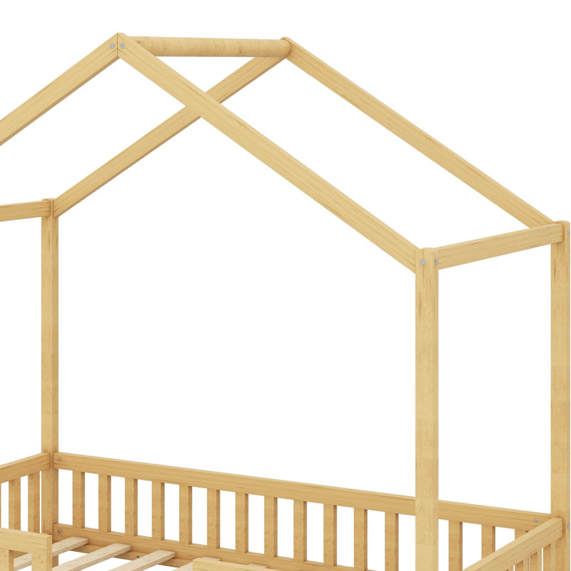 Lit de plancher avec auvent, balustrades et toit, Naturel, Lit simple