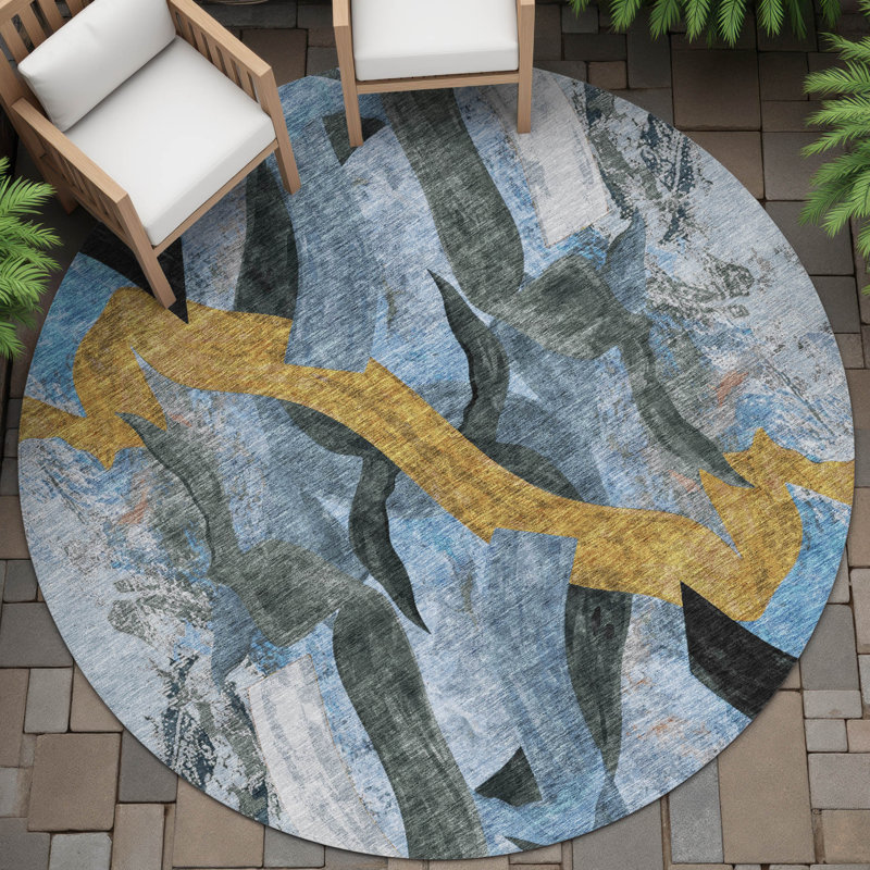Machine Washable Indoor/Outdoor Husby ACN2191 Abstract Rug, Round 8'