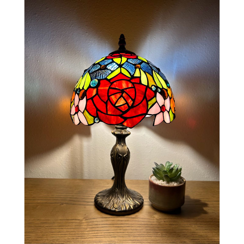 Mini-lampe de table Markar Tiffany rouge orange bleu vitrail fleurs roses ampoule DEL incluse l 8 po x P 8 po x H 15 pi