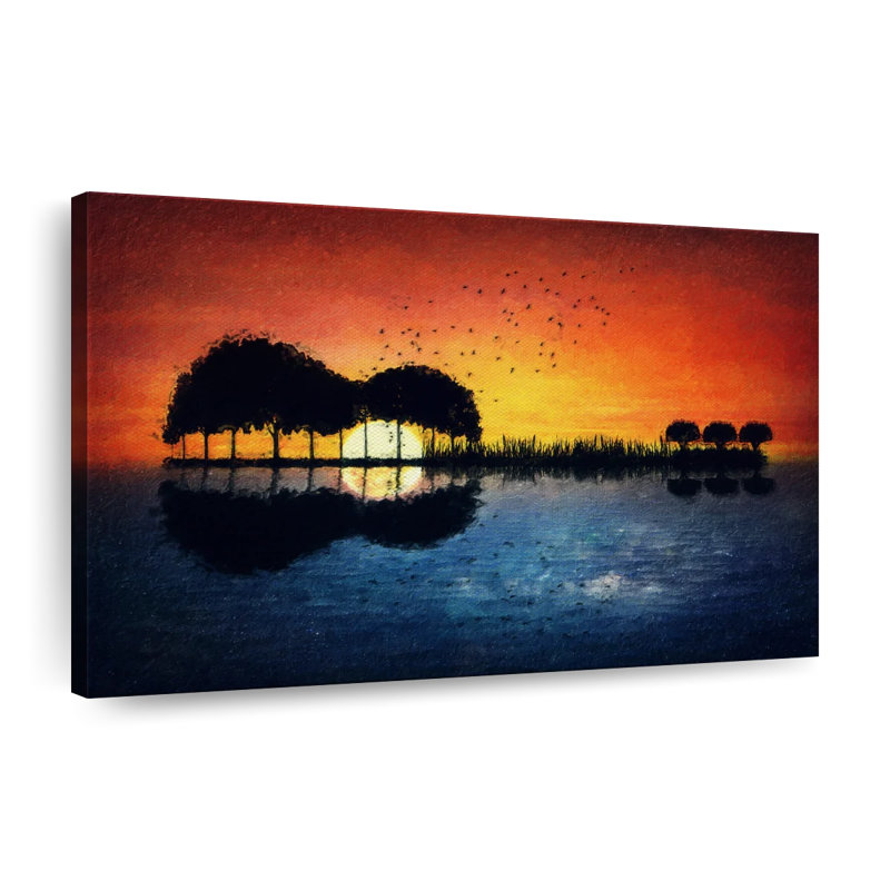 Guitare, coucher de soleil sur toile, H 26 po x l 39 po x P 1,25 po
