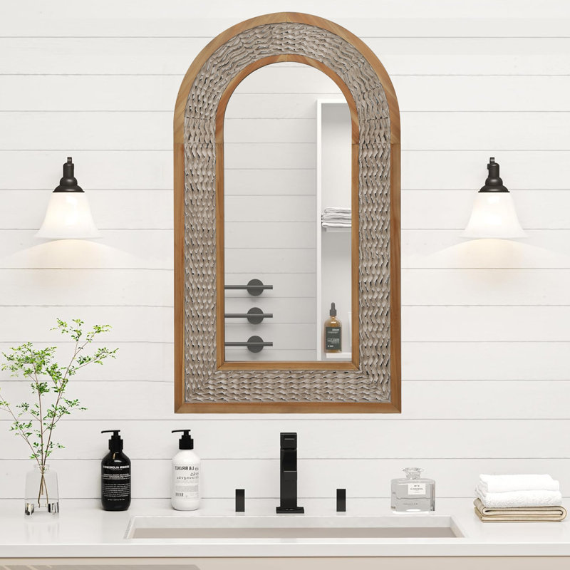 Rustic Arched Wooden Frame Wall Mirror, 46" x 26"