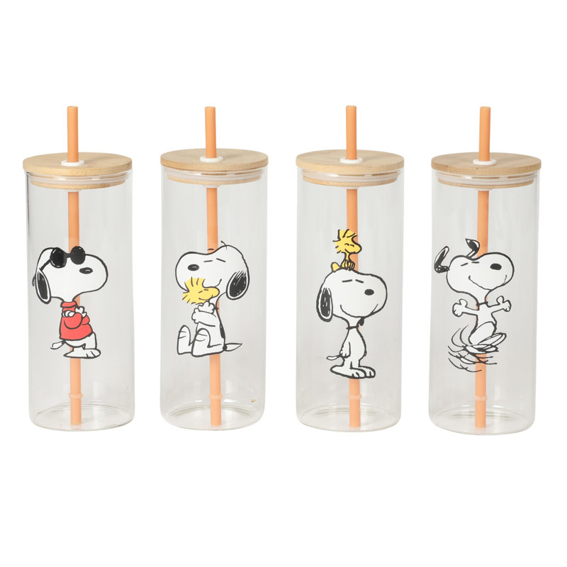 Ensemble de 4 verres 23 oz avec 4 couvercles en bambou et 4 pailles Peanuts Snoopy Happy Sips, café glacé, Smoothie, tasse à eau