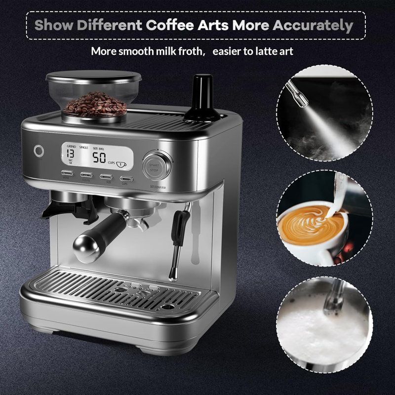 Machine With Grinder Espresso Maker With Powerful Milk Frother, Lcd Display,stainless Steel Coffee Maker
