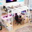 Lit mezzanine simple en métal blanc avec bureau intégré, grand rangement à DEL - poste de travail facile à assembler, rangement abondant,
