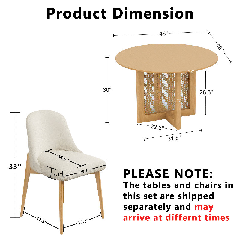 Round Wood Dining Table Chair Set, Natural, 30" H x 52" L x 52" W