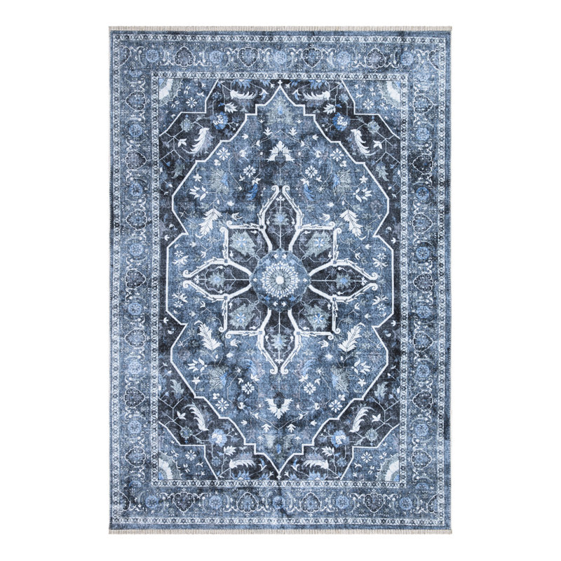 Washable Non-Slip Area Rug - Blue / Charcoal Traditional Oriental Area Rug for Living Room, Bedroom, Dining Room, and Kitchen