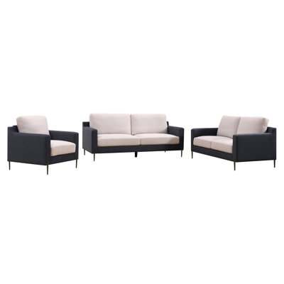 Zephyr  1+2+3 Living Room Sofa Set Beige & Black velvet upholstered  with Mirror-Polished Gray Iron legs