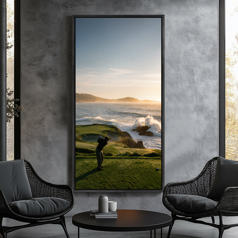«Coastal Golf Course Sunset Ocean View Sports Lifestyle», impression sur toile encadrée, 60" H x 30" W x 1.5" D, Black