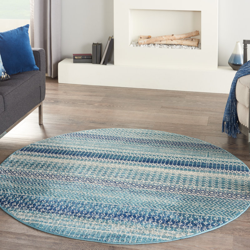 Tapis bleu marine à rayures Gillsville, Rond 4 pi