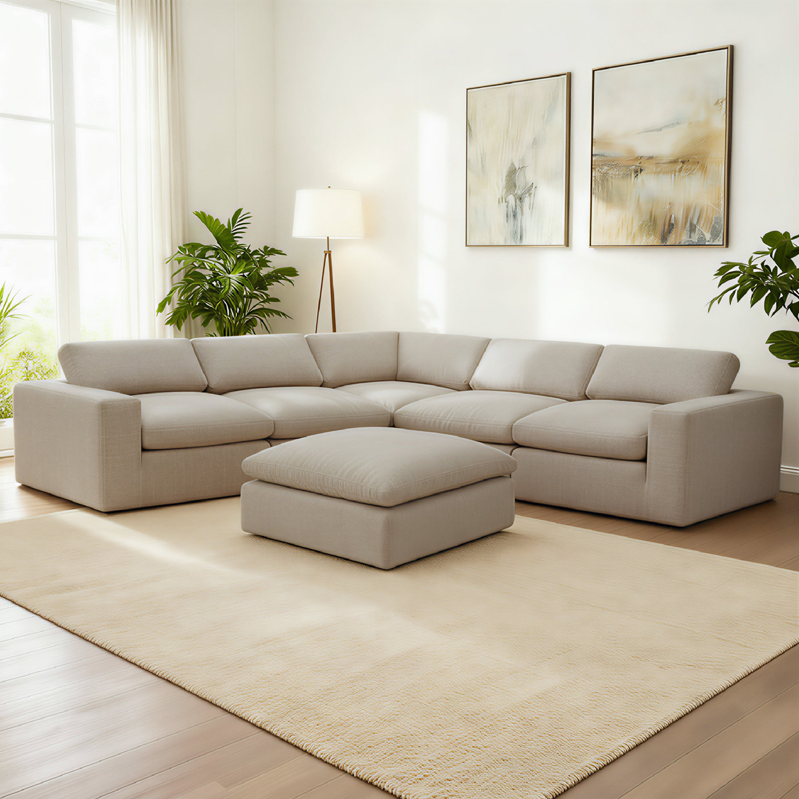 Asher 6 - Piece Upholstered Modular Sectional, Beige Polyester