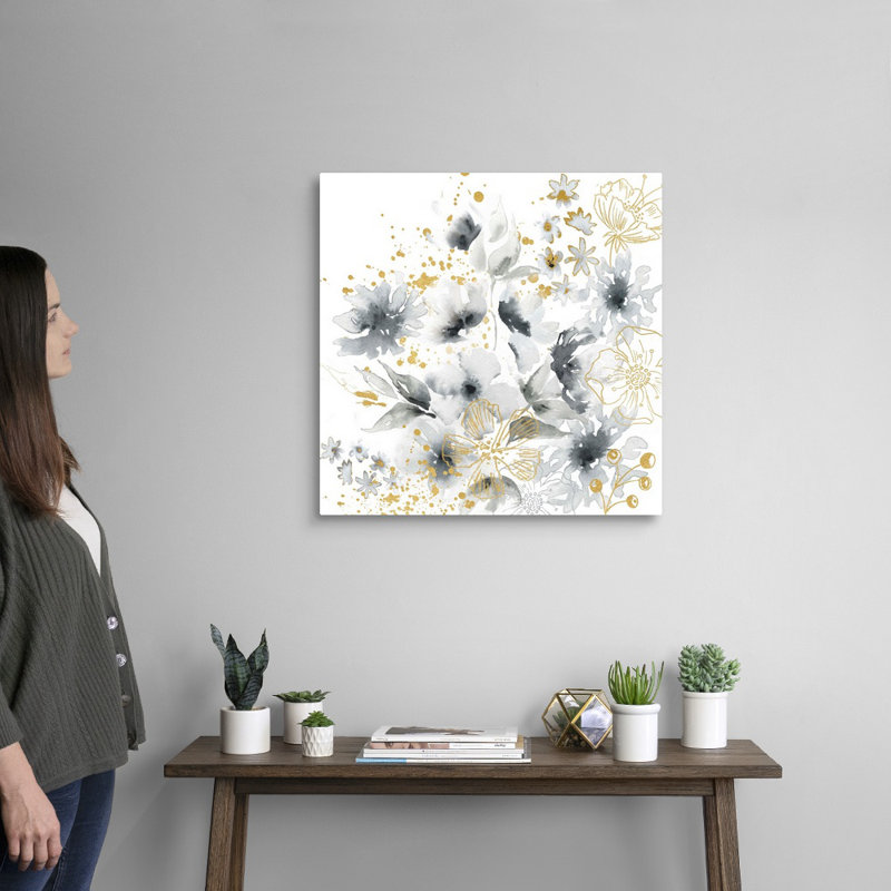 Fleurs grises et dorées florales par tre Sorelle studios, reproduction d’art sur toile, H 24 po x l 24 po x P 1,25 po