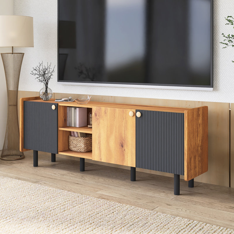 Meuble télé en bois Mid-Century pour téléviseur de 70 po ou moins, Brun