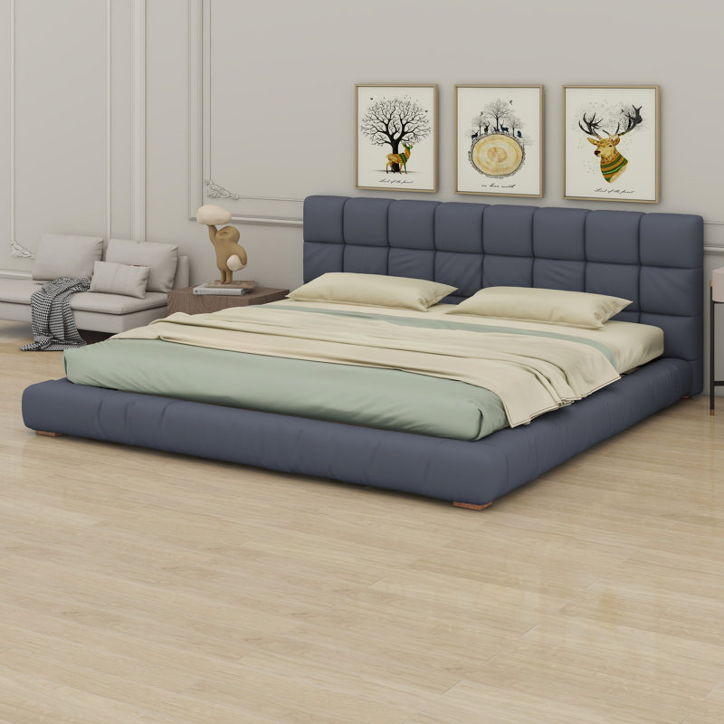 Base de lit plateforme minimaliste à profil bas, tête de lit tapissier souple, support de lattes durable, King, Grey