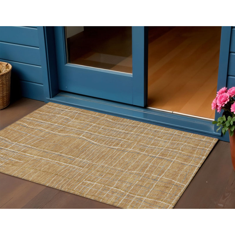 3' X 5' Gold Gray And Ivory Striped Washable Indoor Outdoor Area Rug