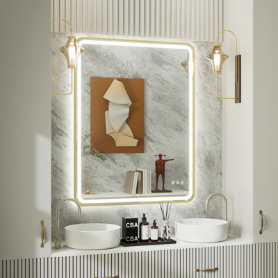 Miroir de salle de bain à DEL Bluetooth avec cadre en aluminium, certifié FCC et ETL, antibuée, température de couleur 3, intensité variable, miroir mural avant et rétroéclairé